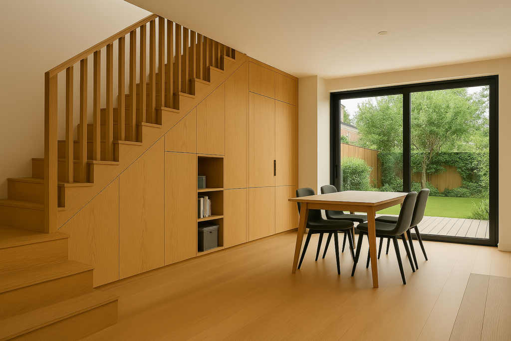 Agencement sur mesure sous escalier en bois clair avec rangement intégré