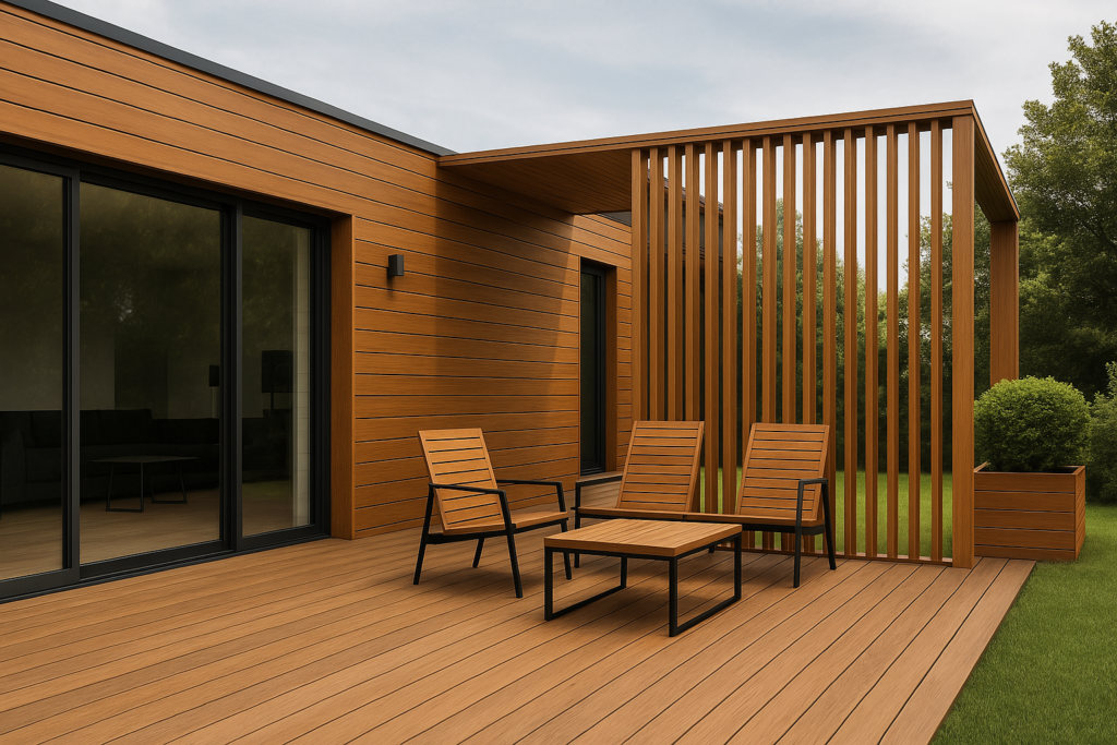 Aménagement extérieur en bois avec bardage et structure moderne
