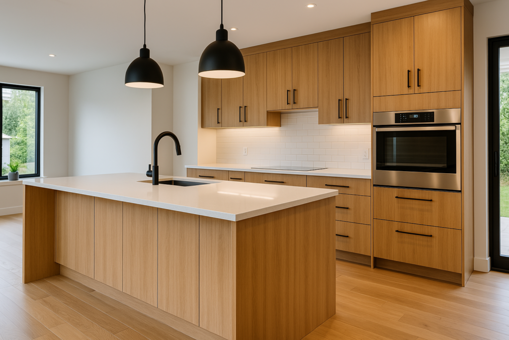 Cuisine moderne sur mesure avec îlot central en bois et plaque chauffante