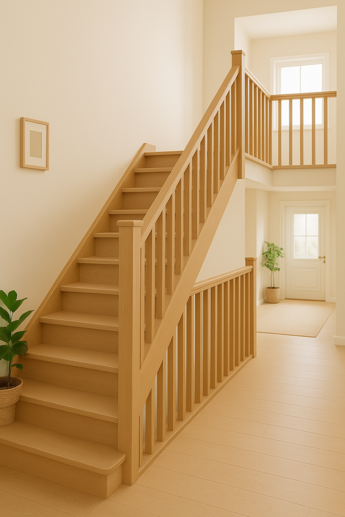 Escalier sur mesure en bois clair avec palier lumineux dans une maison moderne et chaleureuse.
