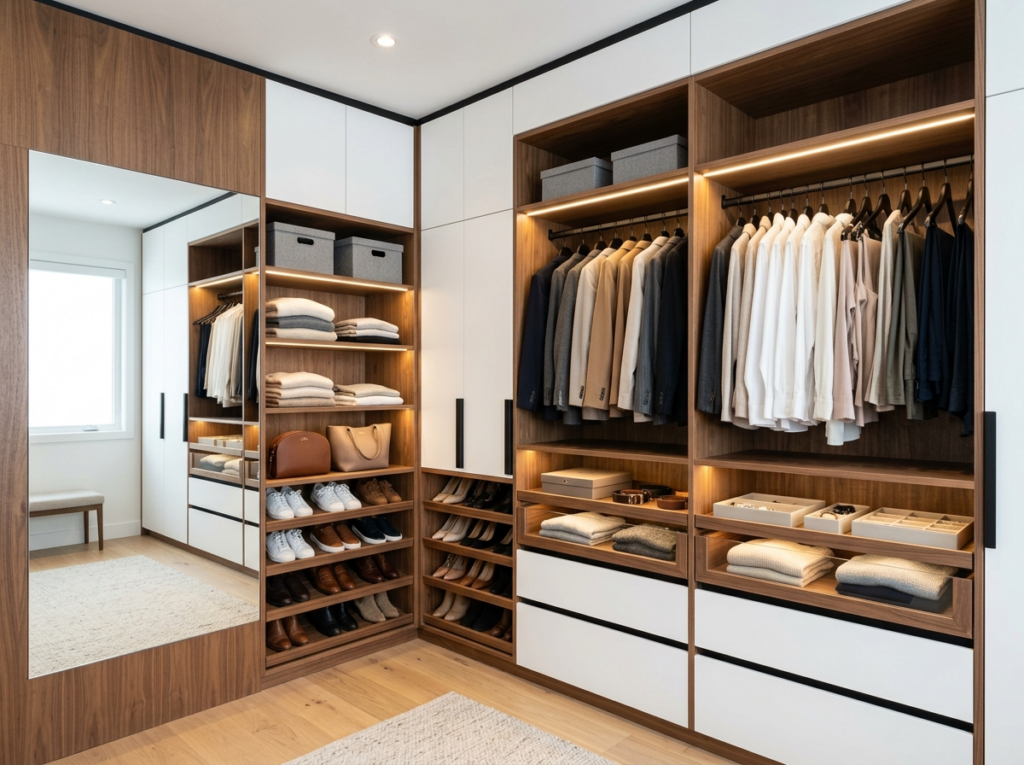 Dressing sur mesure en bois avec rangements intégrés, réalisé par ATV Bois Design à Boulogne-sur-Mer